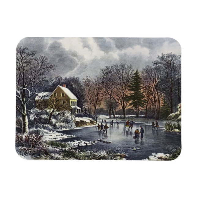 Imán Navidad Vintage, Patinadores de Invierno Temprano  (Horizontal)