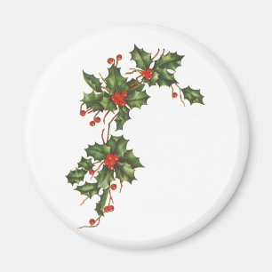 Imán Navidad Vintage, Planta de Acebo con Bayas Rojas