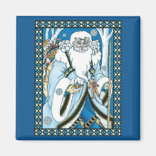 Imán Navidad Vintage, Santa Claus Azul con Bola de Niev