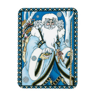Imán Navidad Vintage, Santa Claus azul con Bola de Niev