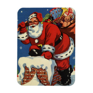 Imán Navidad Vintage, Santa Claus Bajando por la Chimen