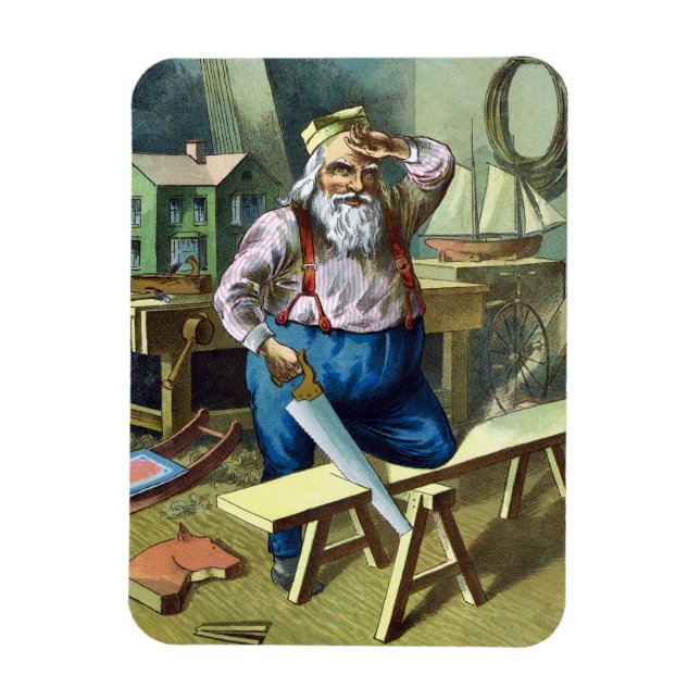Imán Navidad Vintage, Santa Claus Construyendo Juguetes (Vertical)
