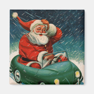 Imán Navidad vintage, Santa Claus en un auto lindo