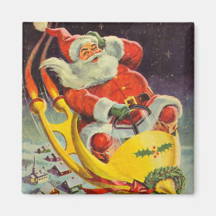 Imán Navidad vintage, Santa Claus en una nave espacial