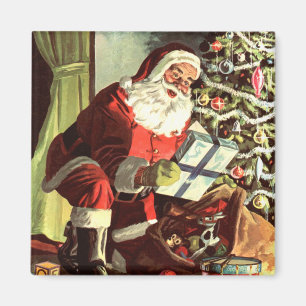 Imán Navidad vintage, Santa Claus retro con regalos