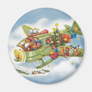 Imán Navidad vintage, Santa Claus volando un avión