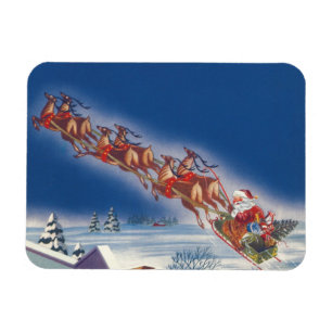 Imán Navidad Vintage, Santa volando en su trineo con re