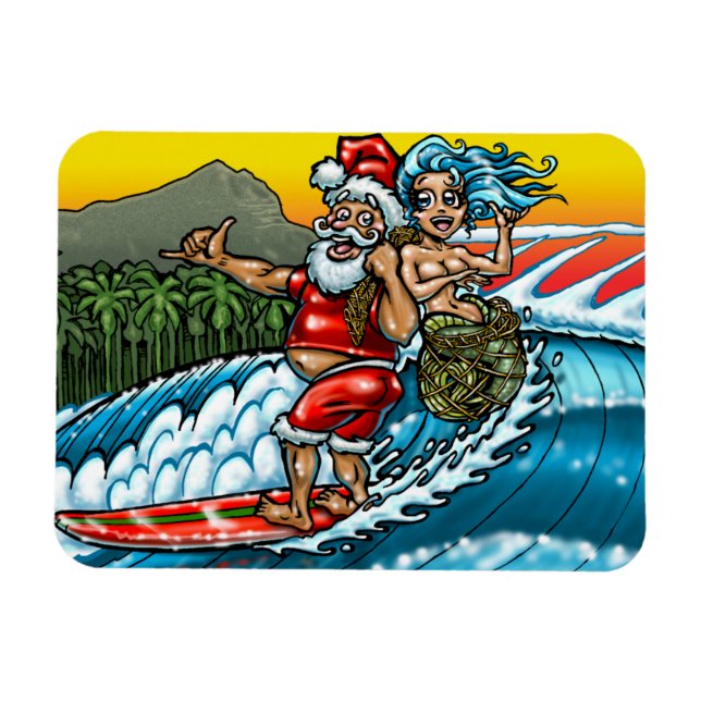 Imán Navidades Azules Ilustracion de Surf de Hawái (Horizontal)