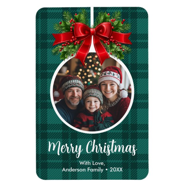 Imán Navidades Ball Ornament Photo Green Buffalo Plaid (Vertical)