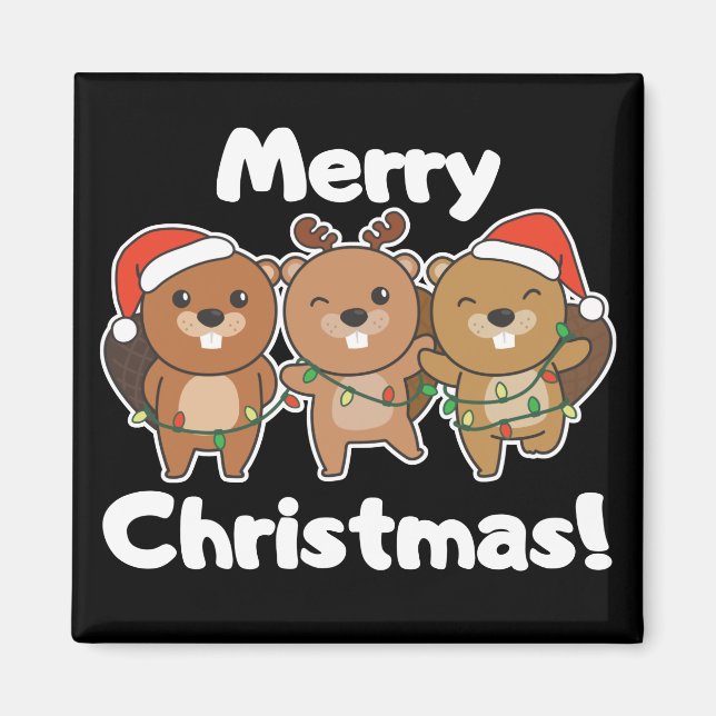 Imán Navidades castores animales castores Feliz Navidad (Frente)