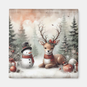 Imán Navidades clásicos de los bosques de renos y snowm
