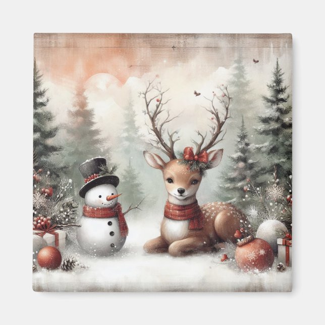 Imán Navidades clásicos de los bosques de renos y snowm (Frente)
