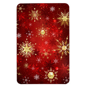 Imán Navidades Copos de nieve dorados con fondo rojo
