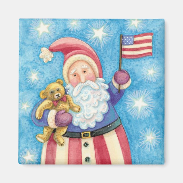 Imán Navidades cortos, Papá Noel Patriótico con bandera (Frente)