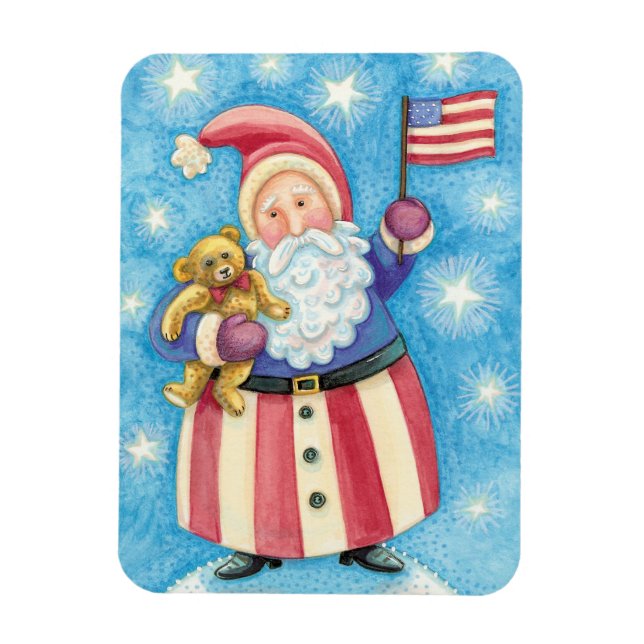 Imán Navidades cortos, Papá Noel Patriótico con bandera (Vertical)