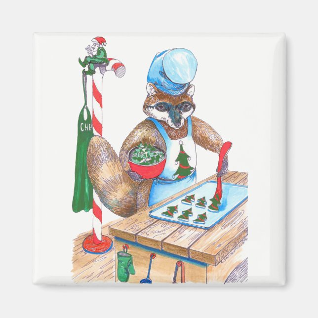 Imán Navidades Cuidados Raccoon Culinario Chef diseñado (Frente)
