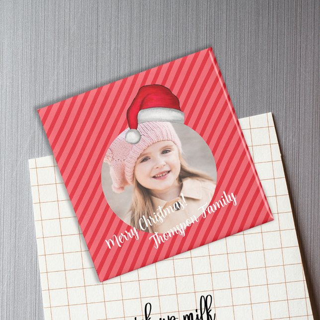 Imán Navidades Cute foto Santa Hat Whimsical (Cute Santa striped holiday photo magnet)
