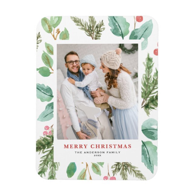 Imán Navidades de acuarela Foliage Holly Holiday Photo (Vertical)