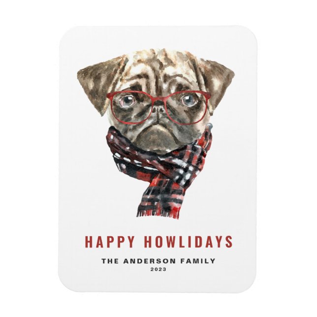 Imán Navidades de acuarela Pug Happy Howlidays (Vertical)