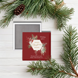 Imán Navidades de acuarela simple con nombre rojo botán