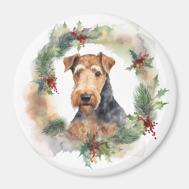 Imán Navidades de Airedale Wreath Festive Pup (Frente)