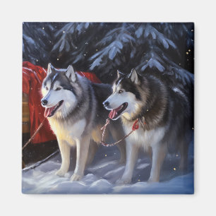 Imán Navidades de Alaskan Malamute Snowy Sleigh Ride