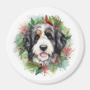 Imán Navidades de Bernedoodle Wreath Pup festivo