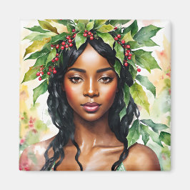 Imán Navidades de Black Woman Holly Watercolor Art