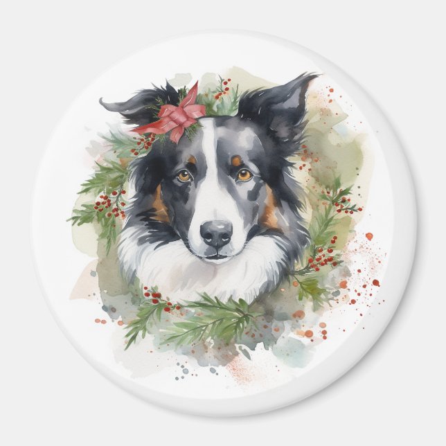 Imán Navidades de Border Collie Wreath Festimes Pup (Frente)