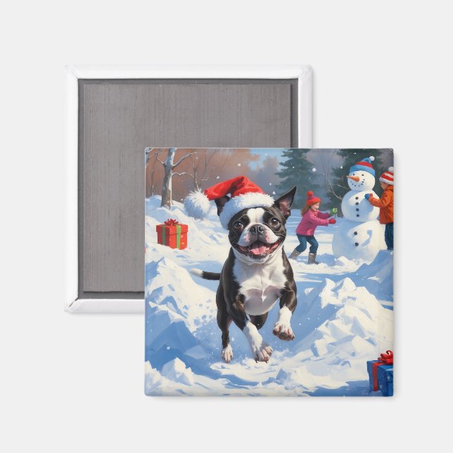 Imán Navidades de Boston Terrier celebran escena de nie (Anverso/Reverso)