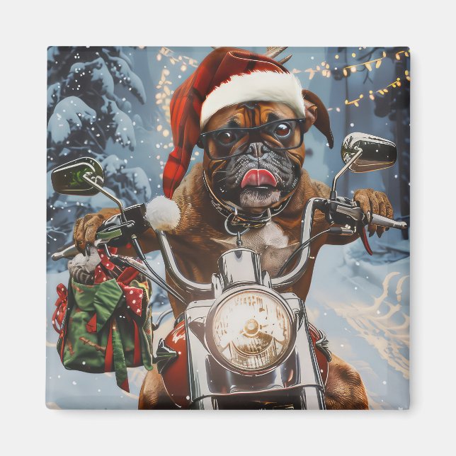 Imán Navidades de Boxer Dog Riding en motocicleta (Frente)