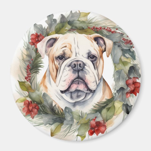 Imán Navidades de bulldog Wreath Festive Pup (Frente)
