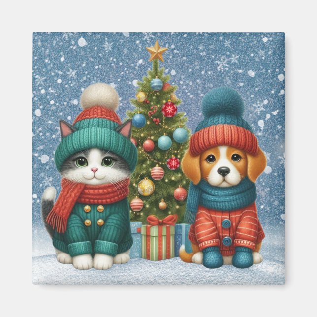 Imán Navidades de cachorro y gatito (Frente)