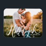 Imán Navidades de caligrafía moderna de Hallelujah<br><div class="desc">¡Aleluya! ¡Traiga un toque de alegría navideña a su casa con nuestro imán de Navidades fotográficos de Personalizable! Perfecto para mostrar recuerdos preciados, este imán te permite personalizarlo con tu foto festiva favorita, haciéndolo un complemento único a tu decoración de vacaciones. Un regalo ideal para la familia y los amigos:...</div>