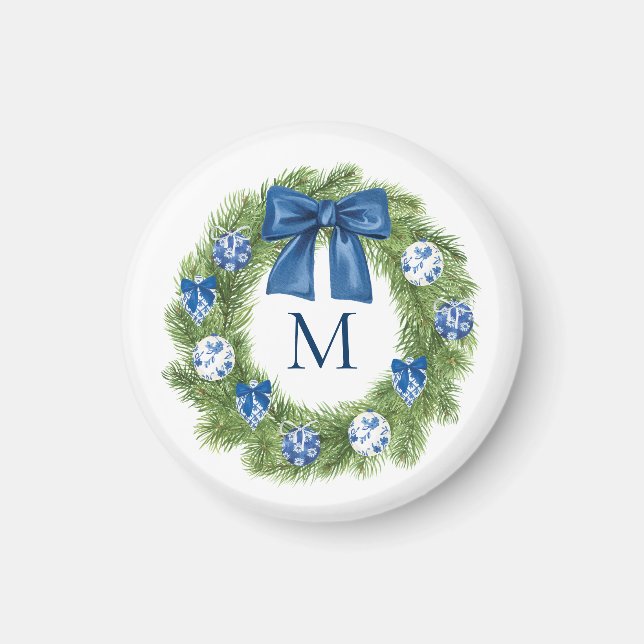 Imán Navidades de Chinoiserie Wreath Monograma (Frente)