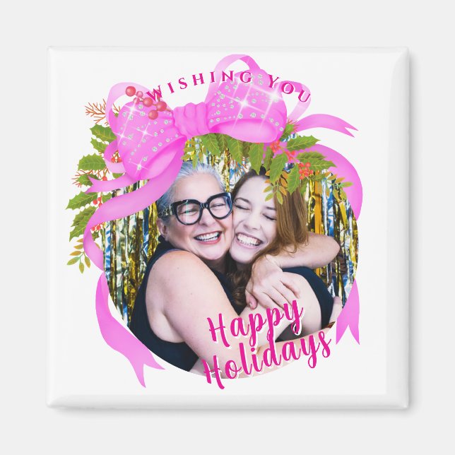 Imán Navidades de cinta rosa brillante blanco (Frente)