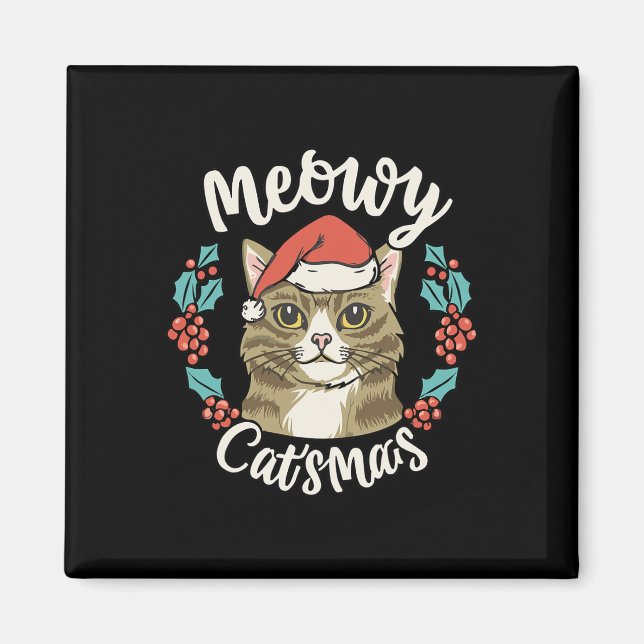 Imán Navidades de Cute Kitten Santa Hat Meowy Catmas Ho (Frente)