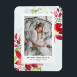 Imán Navidades de fotografía de Poinsettia con acuarela<br><div class="desc">Felices fiestas! Envíe alegría por las vacaciones y deseos a la familia y amigos con este imán de fotos floral de vacaciones. Cuenta con un ilustracion acuarela de flores rojas, agujas de pino y vegetación con un fondo azul acuático claro. Personaliza presentando tu foto favorita y agregando nombres. Los elementos...</div>