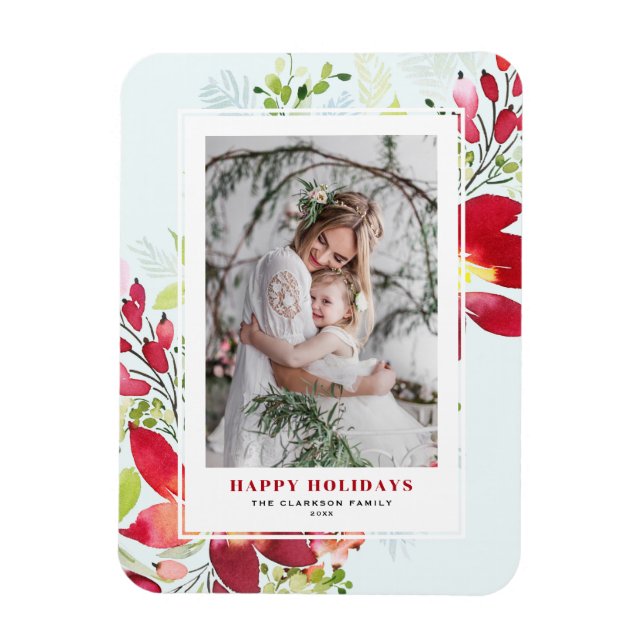 Imán Navidades de fotografía de Poinsettia con acuarela (Vertical)