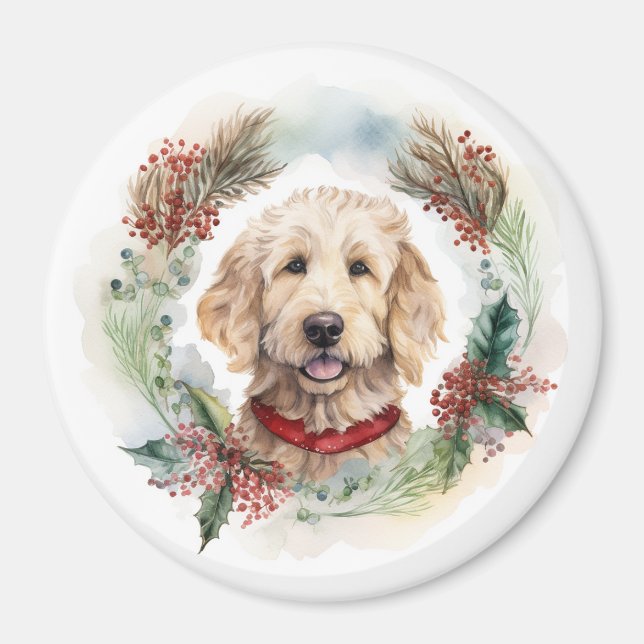 Imán Navidades de Goldendoodle Wreath Festial Pup (Frente)