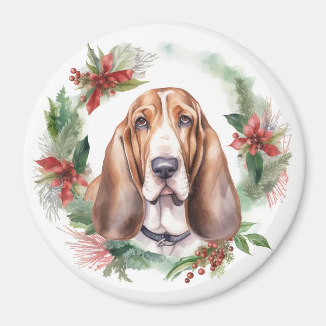 Imán Navidades de Hound Basset Wreath Festimes Pup (Frente)