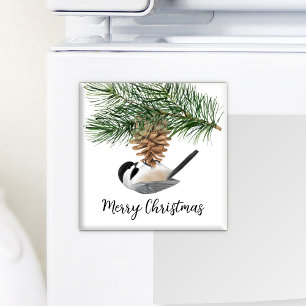 Imán Navidades de invierno de Watercolor Chickadee Pine