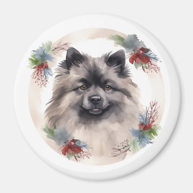Imán Navidades de Keeshond Wreath Festive Pup (Frente)