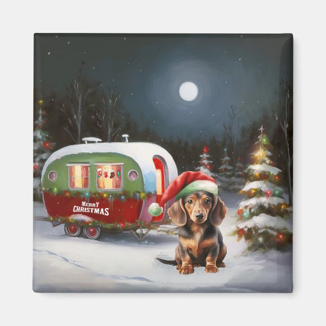 Imán Navidades de la Caravana de Invierno de Dachshund (Frente)