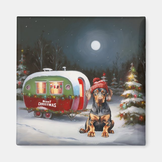 Imán Navidades de la Caravana de Invierno Doberman Adve (Frente)