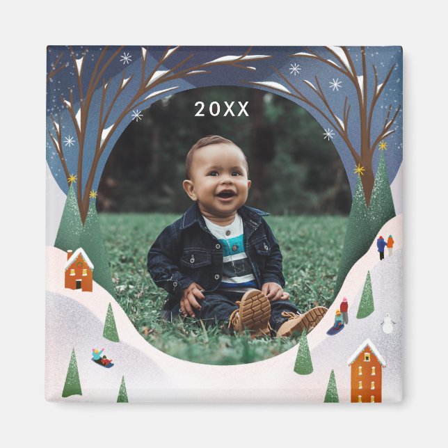 Imán Navidades de la escena invernal de Snowy Village (Frente)