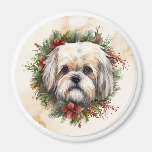 Imán Navidades de Lhasa Apso Wreath Festimes Pup (Frente)