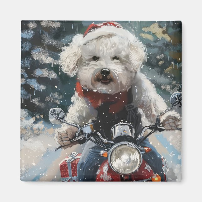 Imán Navidades de motocicletas Bichon Frise Dog Riding (Frente)