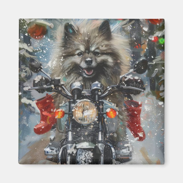 Imán Navidades de motocicletas Keeshond Dog Riding (Frente)