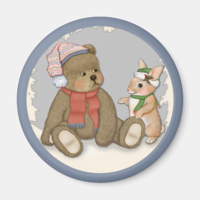 Imán Navidades de nieve Teddy y Bunny (Frente)